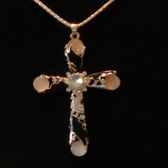 Beautiful Big Black Enamel & PINK Cabachon Cross Necklace - Picture 4 of 4